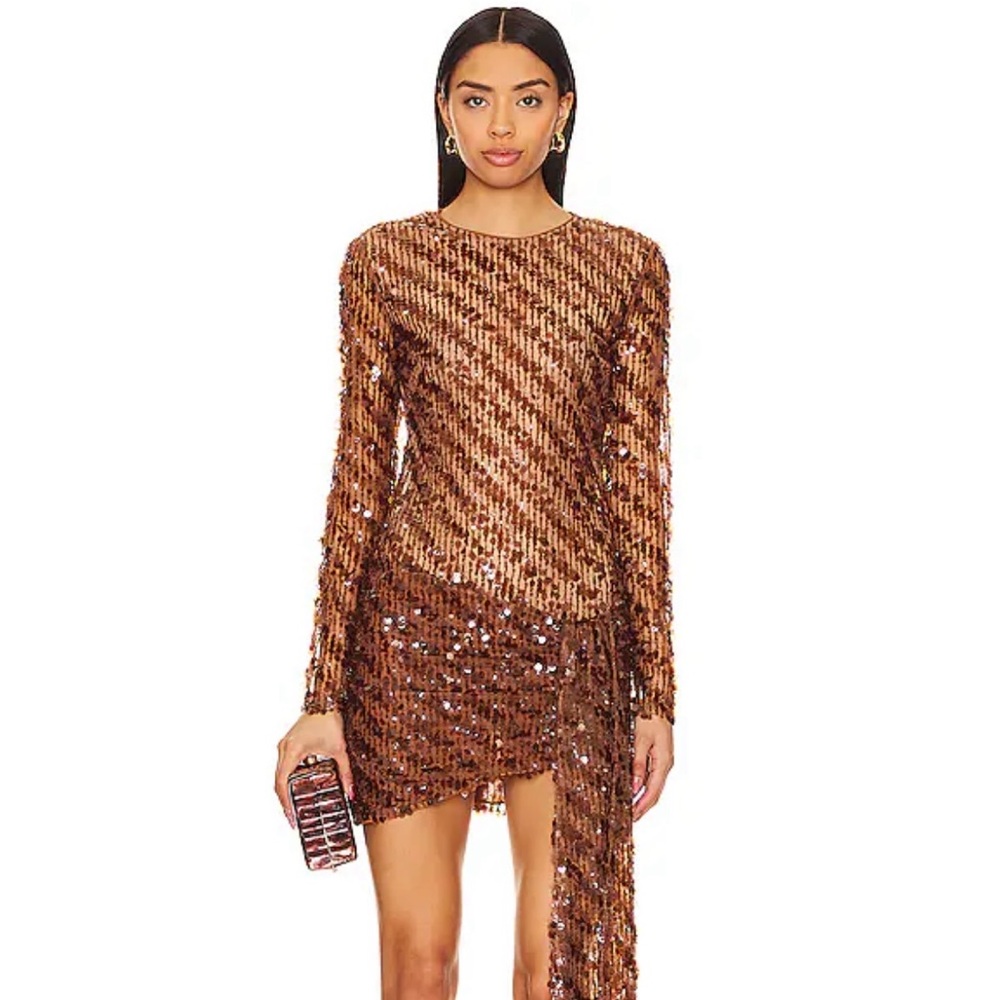 Revolve Sequin Long Sleeve Dress in Bronze